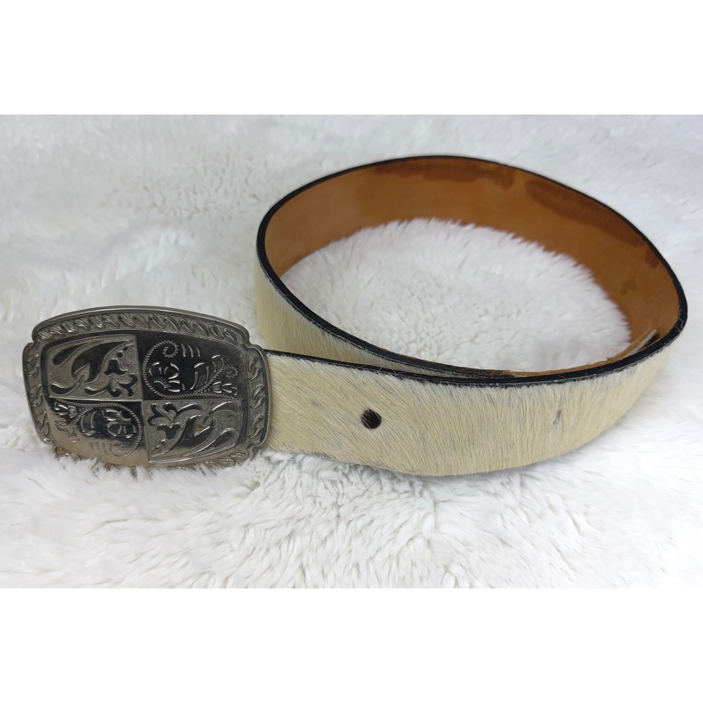 Justin Boots Cowhide Leather Belt Women Size 30 Silver Engraved Buckle *Modified